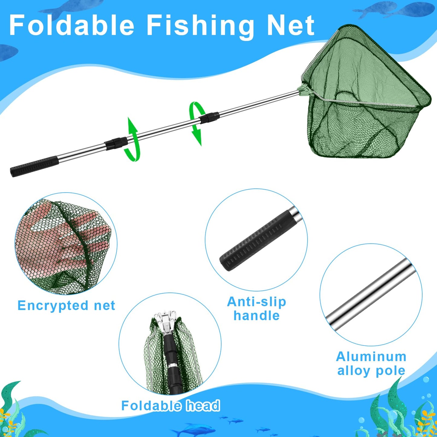 Hollowfly 2 Pcs Steel Wire Fish Basket and Fishing Landing Net with Extension Aluminum Telescoping Pole Includes 1 Portable Fishing Net with Handle 1 Collapsible Wire Fishing Basket for Women Men
