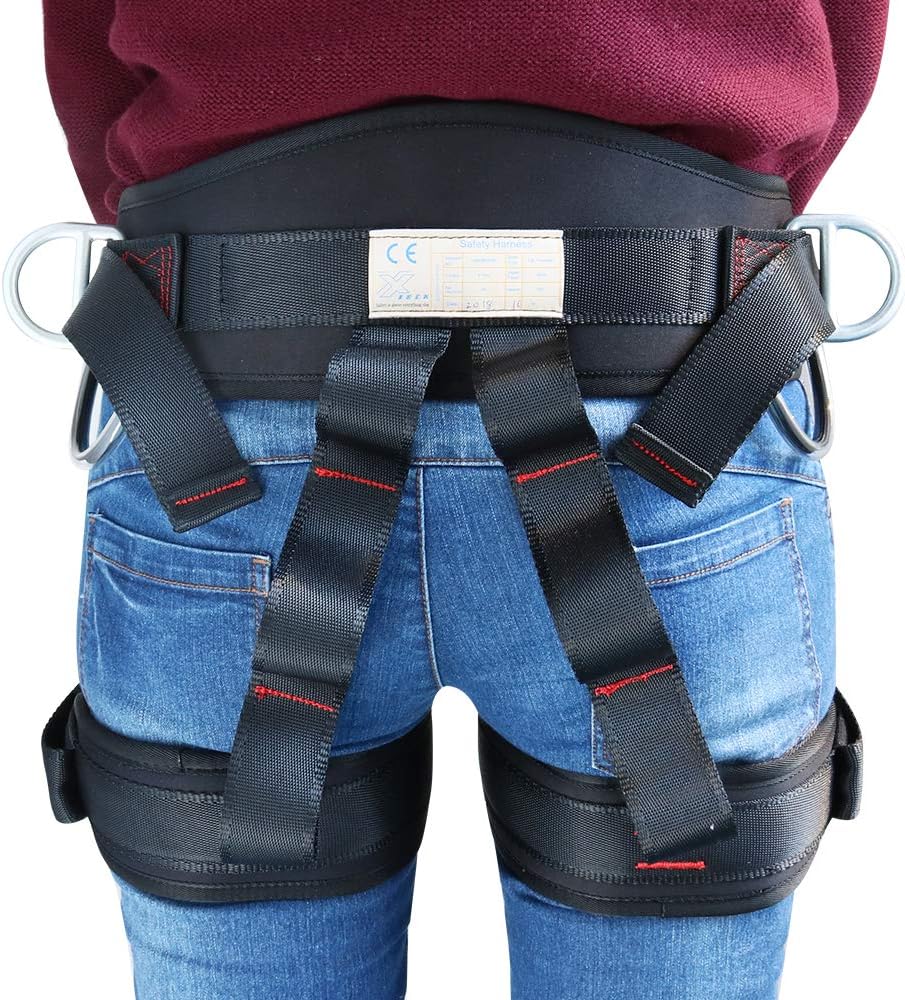 X XBEN Climbing Harness, Protect Waist Safety Harness Gear, Wider Half Body Harness for Roofing Fire Rescuing Rock Climbing Rappelling Tree Climb Red