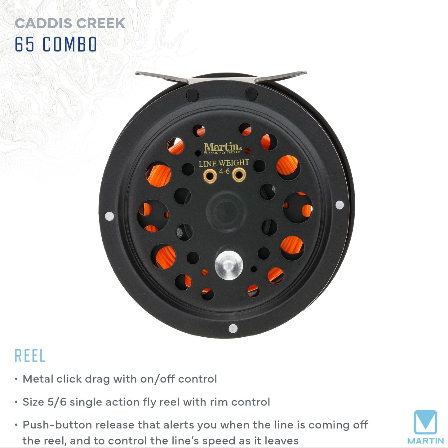 Martin Caddis Creek Fly Fishing Rod and Reel Combo, 5/6-Weight 9-Foot 2-Piece Fiberglass Rod, Moderate Fast Action, Single Action Fly Reel, Aluminum Frame and Spool, Interchangeable Retrieve, Brown