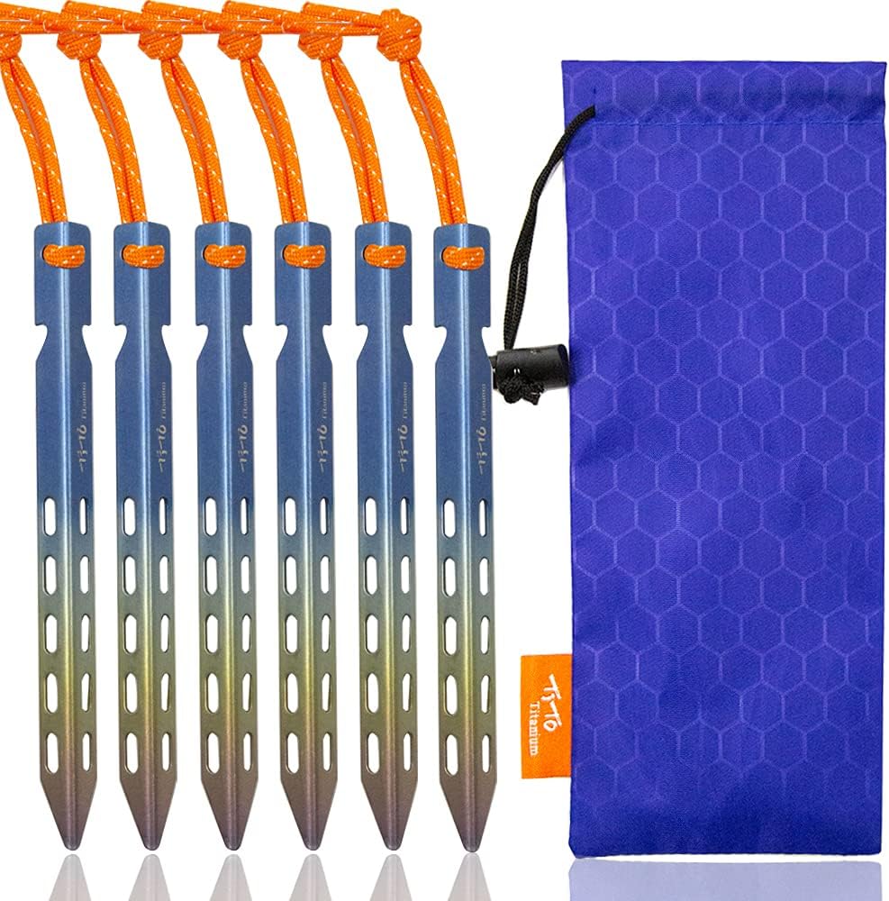 TiTo 6 Pack Titanium Tent Stakes 10X10X160mm V-Shaped Windproof Tent Nail Pegs with Carrying Pouch for Camping, Hiking, Gardening and Canopy (Silver,10X160mm)