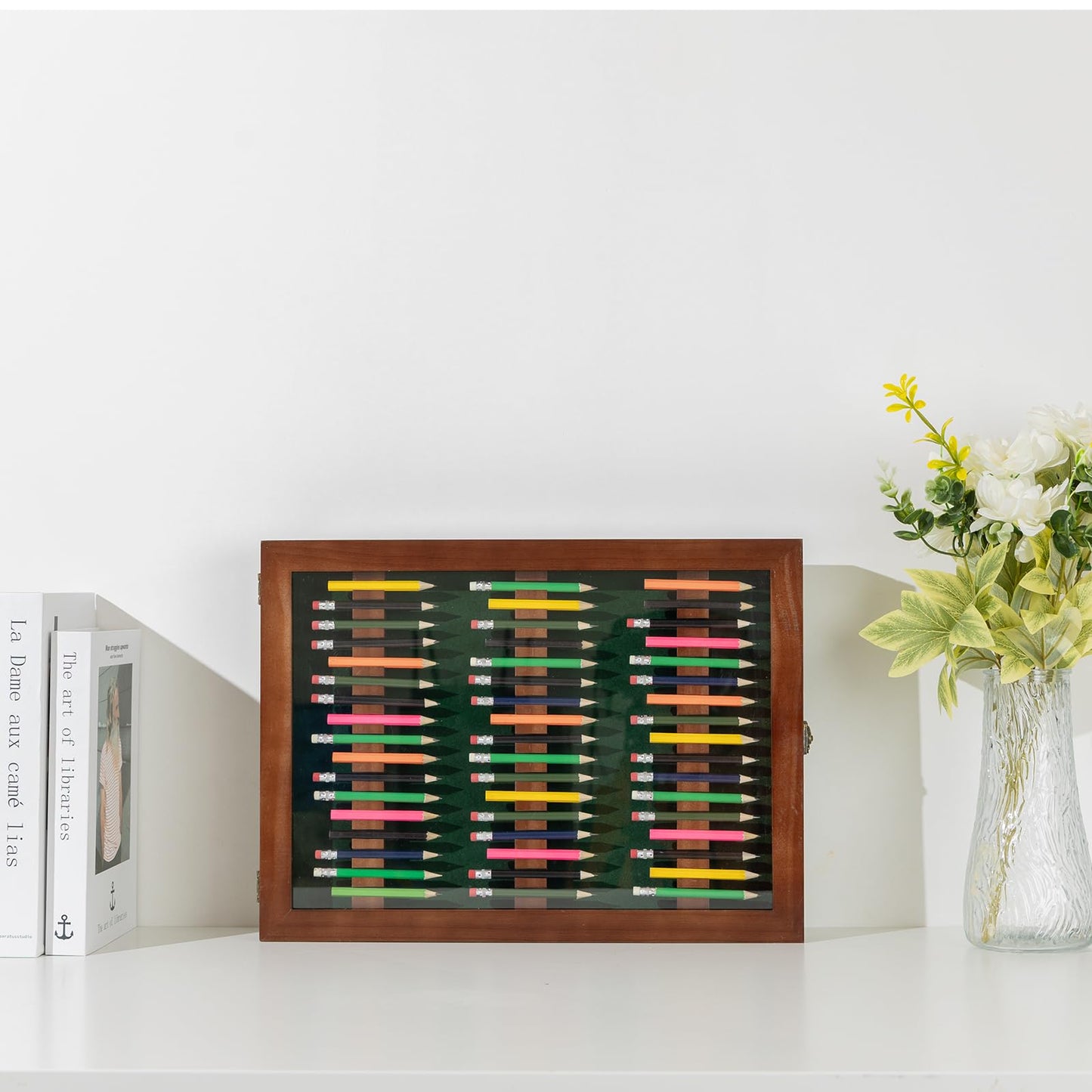 Golf Pencil Display Case Holds 51 Round or Octagonal Golf Pencils Wood Wall Mount Clear Display Case with Acrylic Dust UV Cover