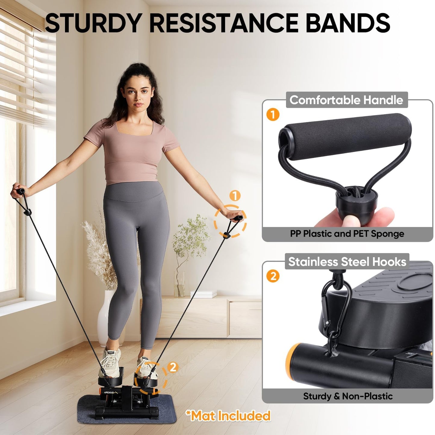 APEXUP Steppers for Exercise at Home, Stair Stepper with Resistance Bands and Mat, 330LBS Loading Capacity Mini Stepper with LCD Monitor for Full Body Workout Cardio
