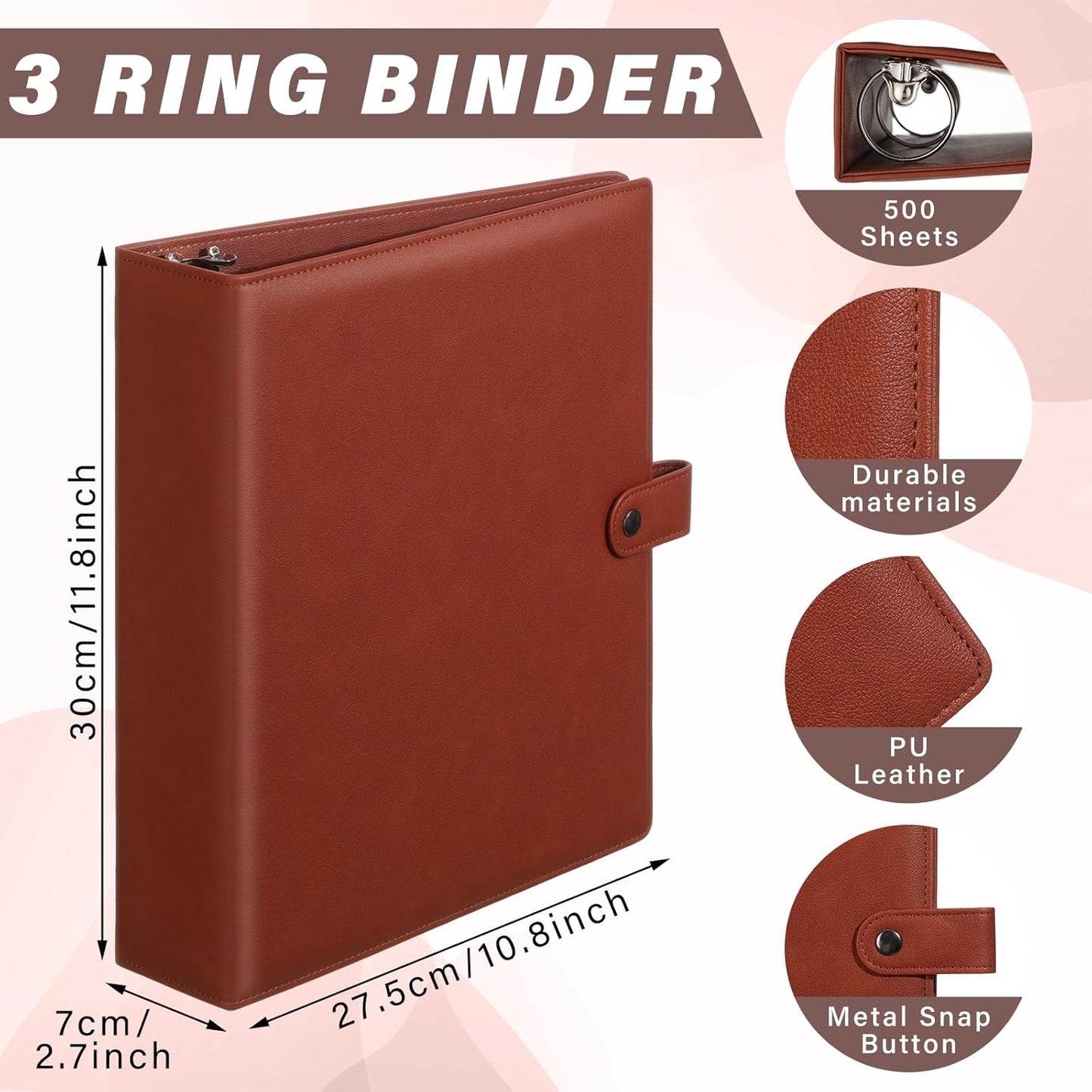 ReliThick 2 Pcs Leather 3 Ring Binder 2 Round Rings for 8.5 x11 Paper and Sheet Protectors Brown Binder Organizer Interior Pockets Snap Closure Letter Size
