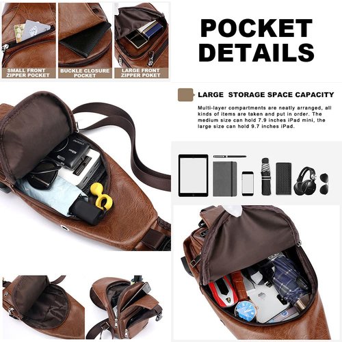 Peicees Pack of 3 Leather Sling Bag Mens Crossbody Bag Chest Bag Sling Backpack for Men with USB Charge Port, Large Classic Black & Medium Classic Black & Medium Vertical Zipper Black