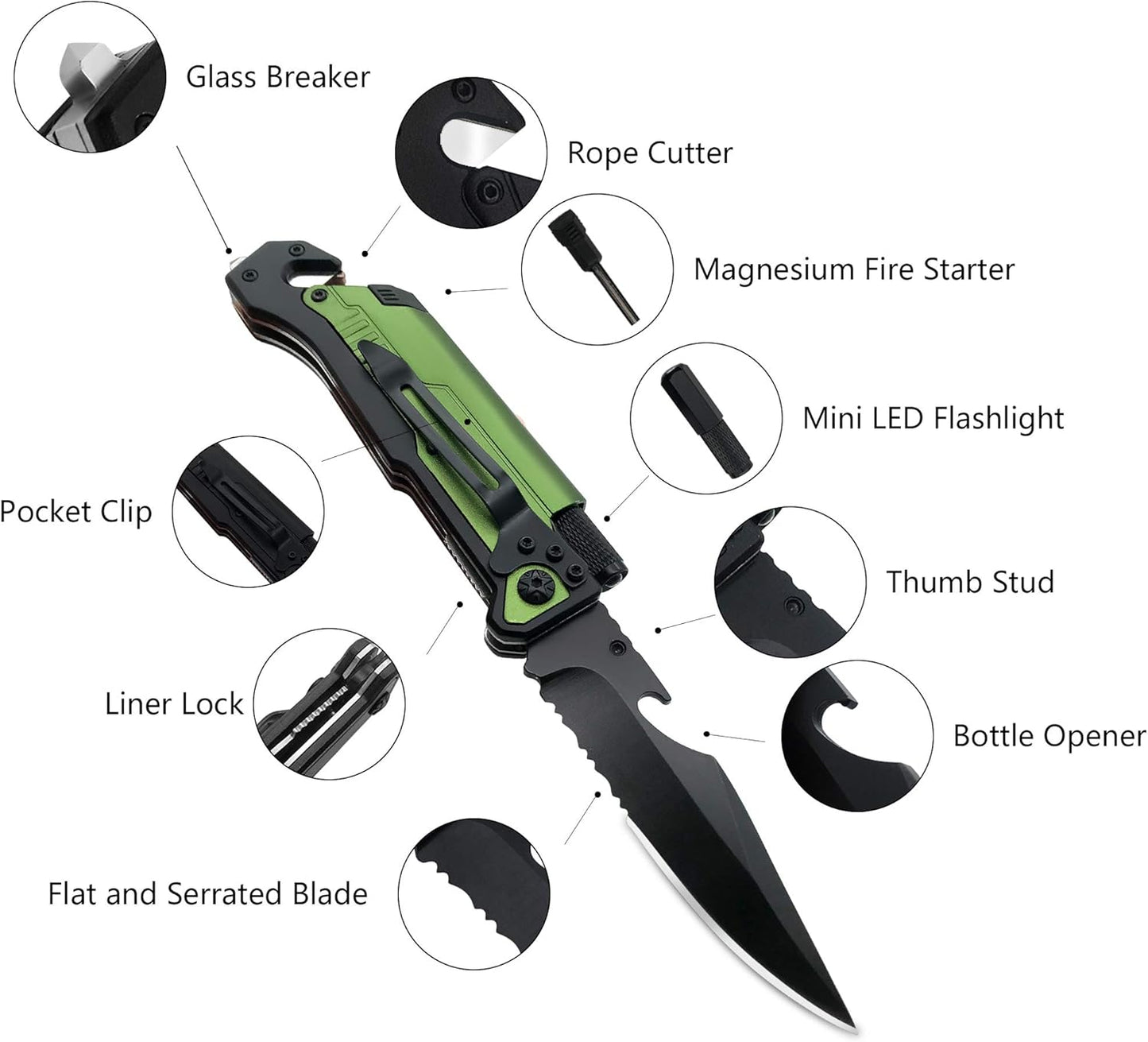 ALBATROSS 6-in-1 Survival Tactical Military Folding Pocket Knives with LED Light,Seatbelt Cutter,Glass Breaker,Magnesium Fire Starter,Bottle Opener;Multi-Function Emergency Tool(Black)