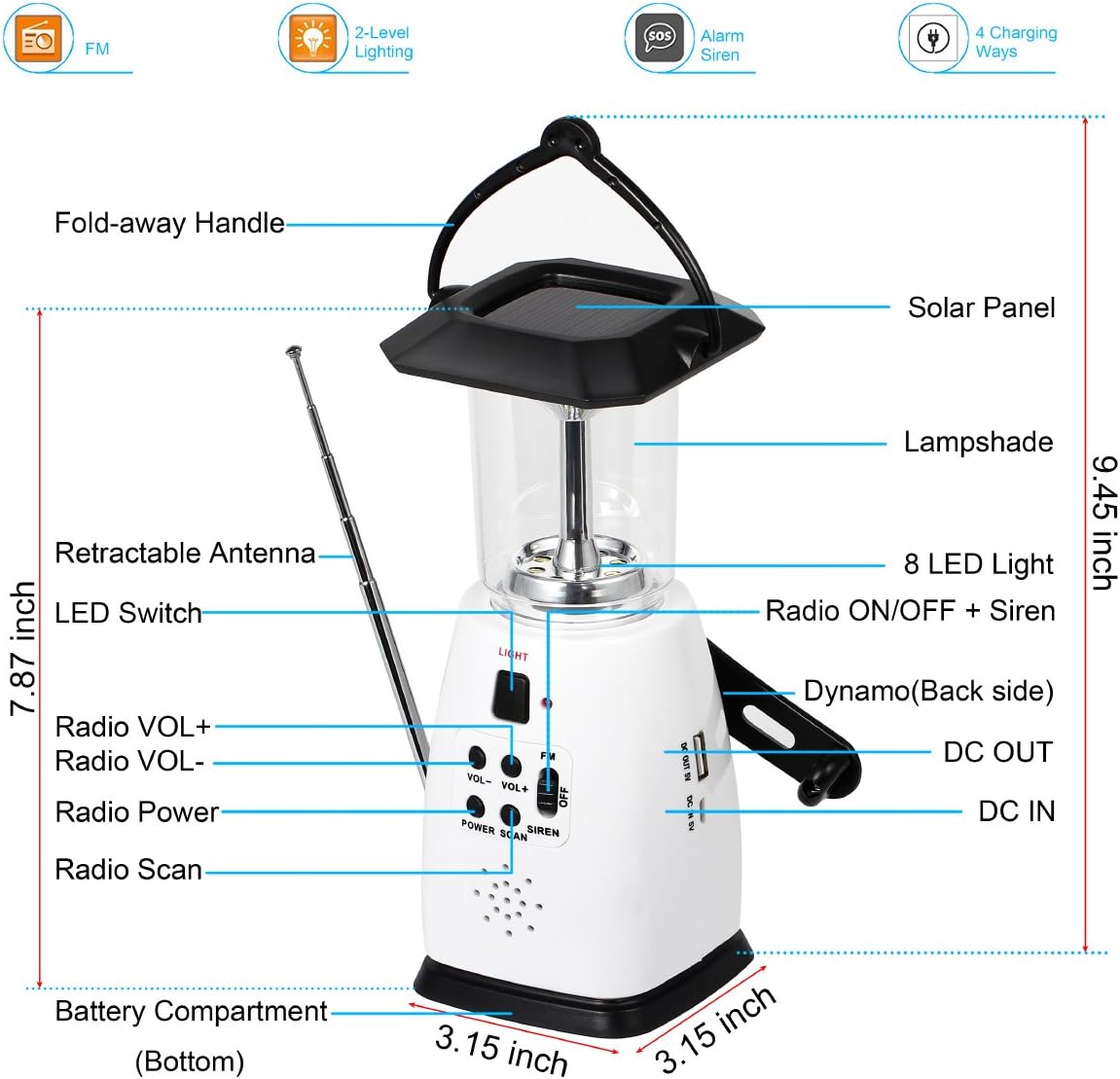 HOSHINE Solar Dynamo Multi-Functional 4-Way Powered Emergency Hand Crank FM Radio LED Camping Lantern Flashlight Phones Charger (White)