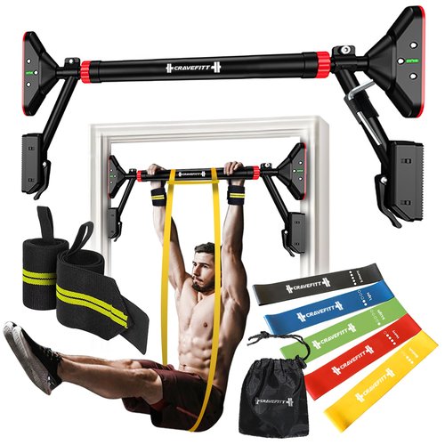 Cravefitt Pull Up Bar for Doorway with Resistance Bands & Wrist Wraps, Adjustable Chin Up Bar for Upper Body Workouts, 29.9" - 35.5" Locking Mechanism, No Screw Installation, Supports 880 lbs