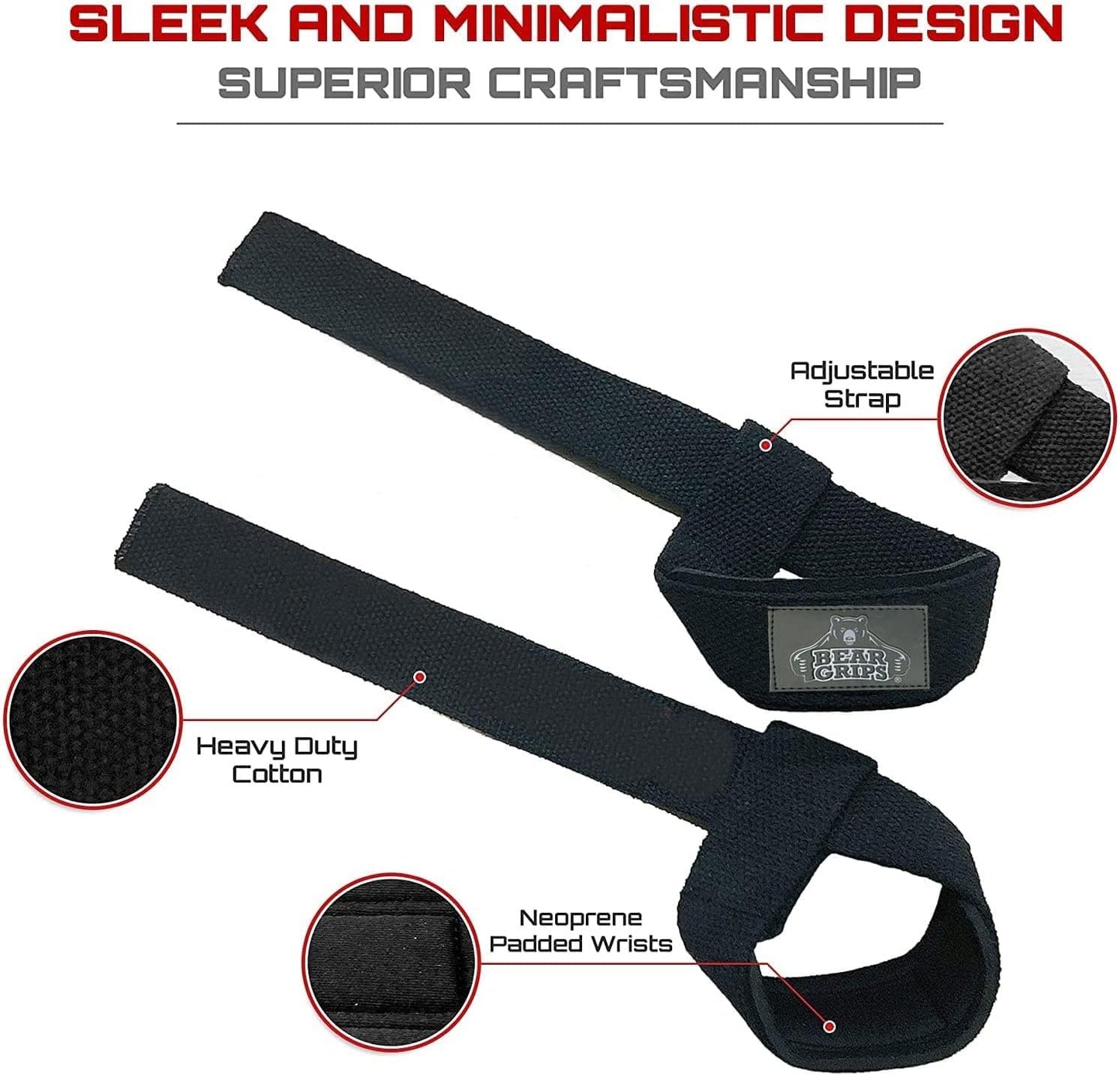 Bear Grips Lifting Straps - Gym & Weightlifting Straps for Men & Women, Deadlift Support, 2 Pairs