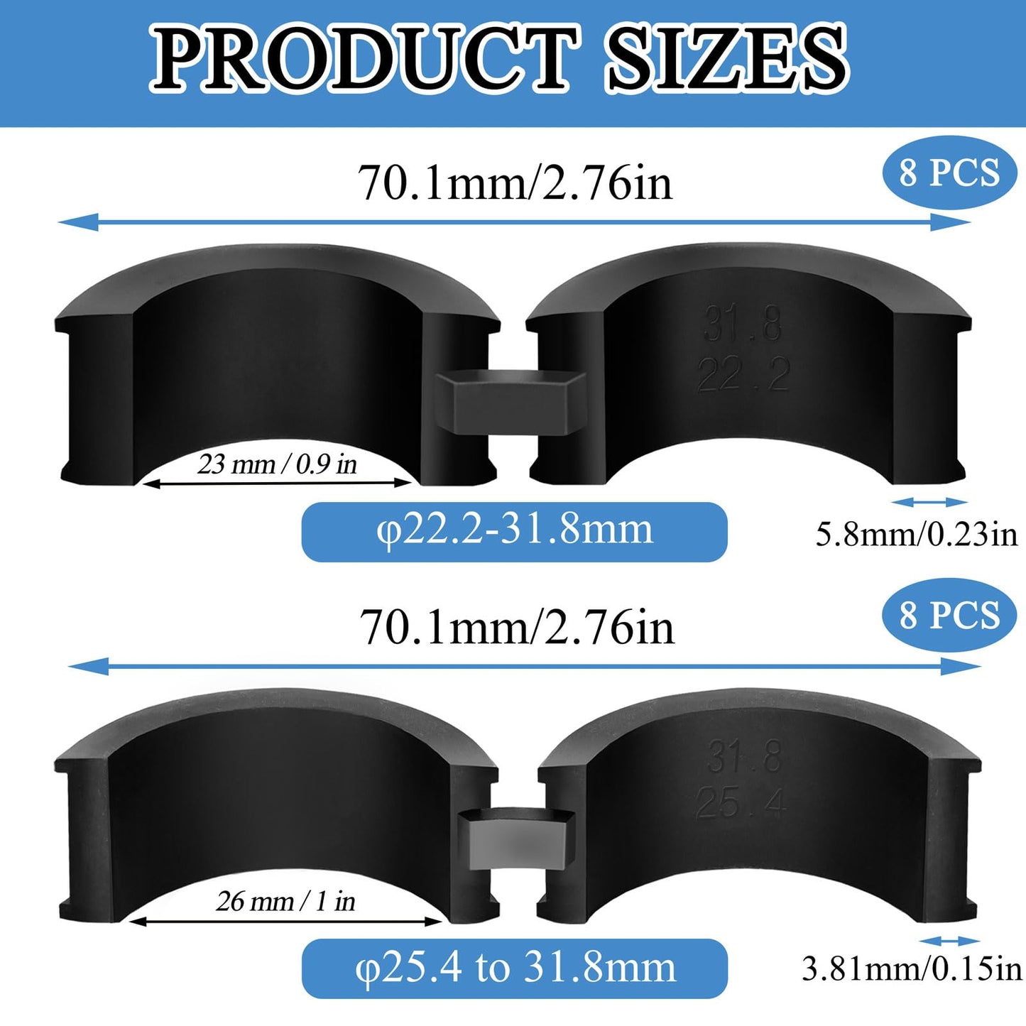 16 Pcs Bicycle Handlebar Rubber Gasket Fits 22.2/25.4 to 31.8 mm Bike Handlebar Extender Anti-Vibration Non-Slip Lightweight Durable Handlebar Stem Shim Spacer Adapters