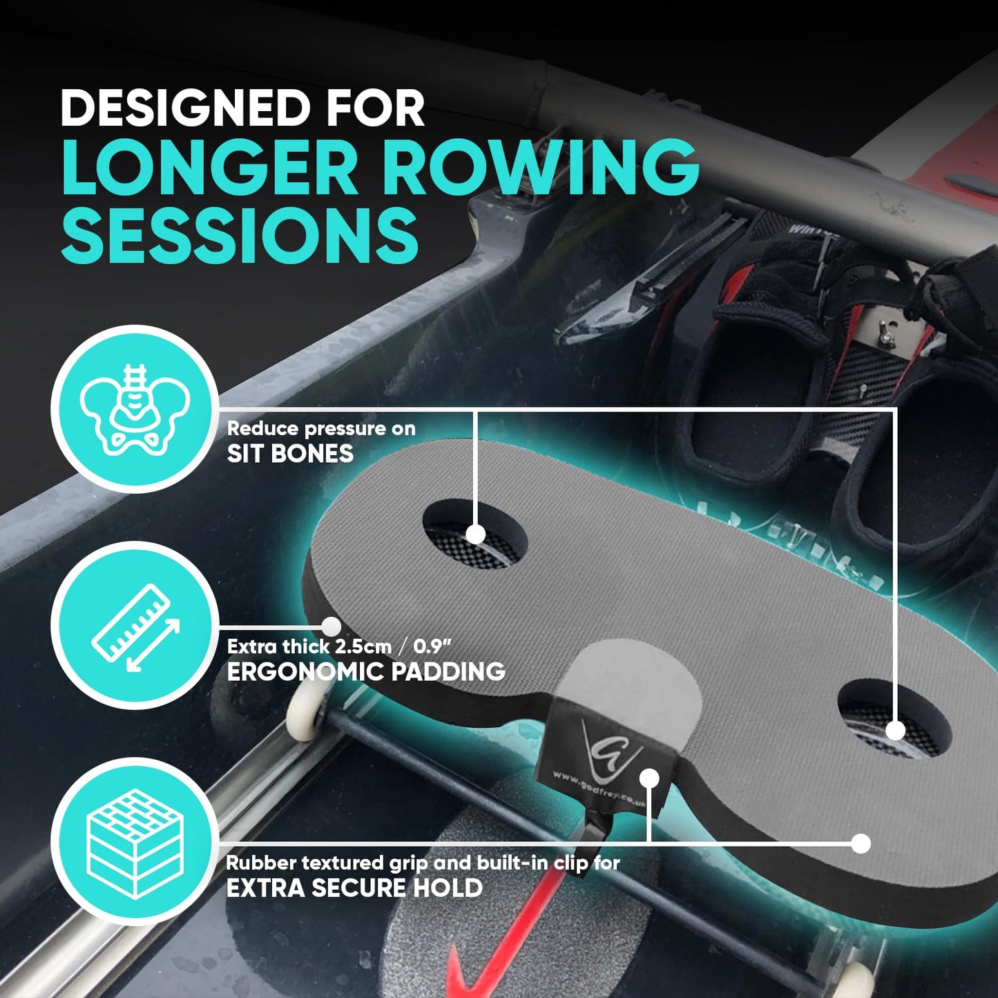 Godfrey Booster Rowing Boat Seat Pad for Women - Anti-Slip Rower Pad for in-Boat, Concept2, Water Rowers & Rowing Machines -with Clip