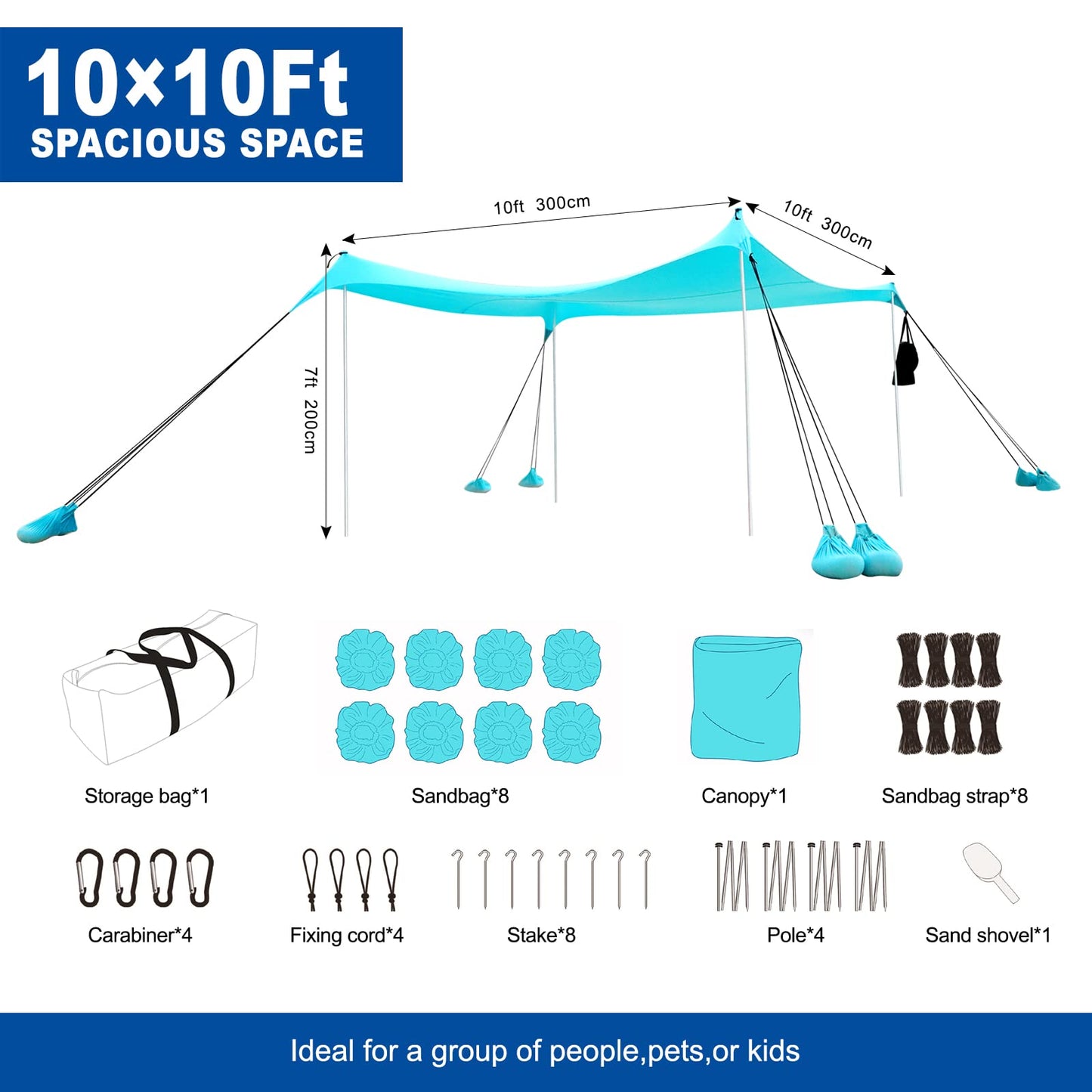 ABXMAS Beach Tent Sun Shelter with UPF50+ Protection, Grande Beach Tent for Family Vacation, Outdoor Beach Shade Canopy with 4 Pole and 8 Sandbags for Camping Fishing Backyard Fun (10×10FT)