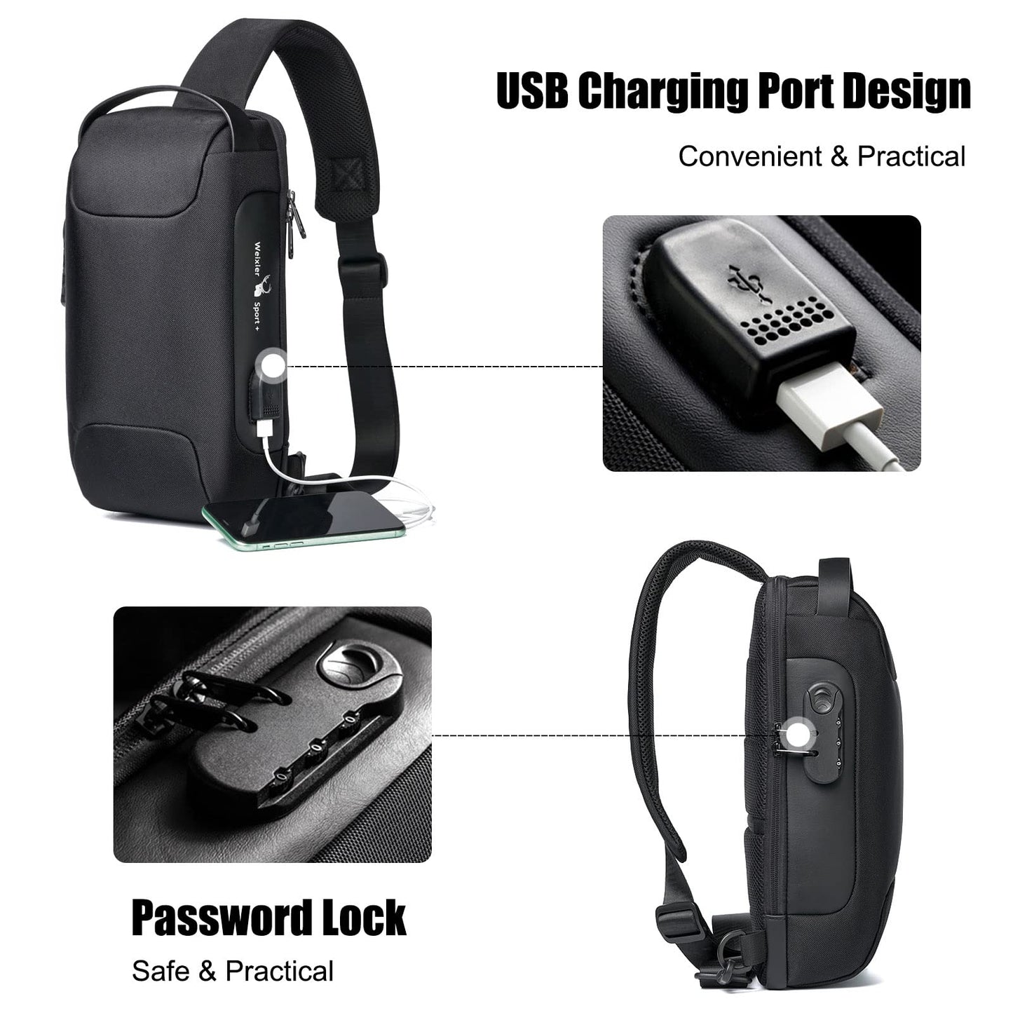 FANDARE Anti-Theft Sling Bag Chest Shoulder Backpack Crossbody Bags for Men Women Cover Pack Hiking Small Rucksack with USB Charging Port for Business Travel Hiking Bicycle Sport Gym Pack Black