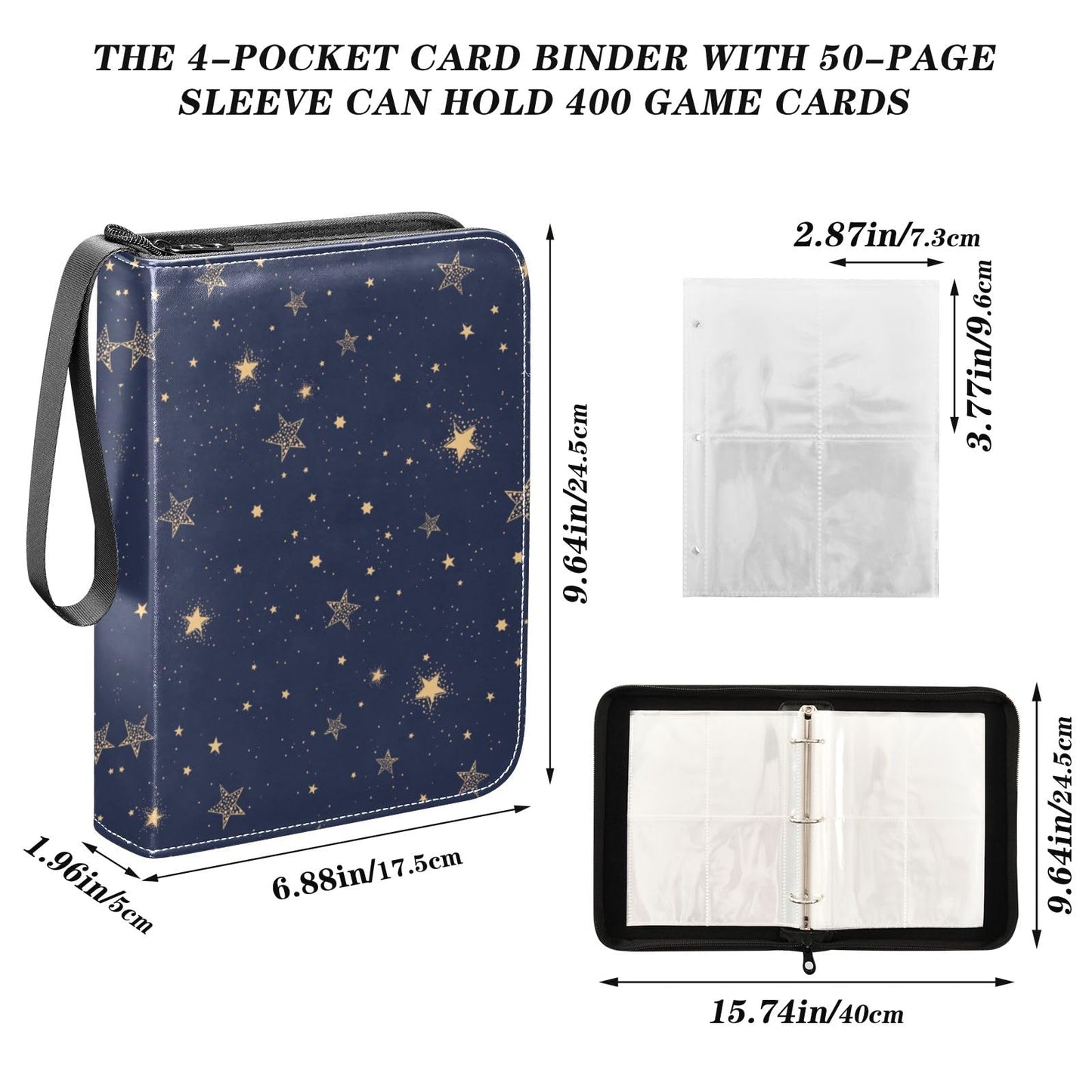 4 Pockets Trading Card Album Holder Book Folder Sports Card Binder Space Galaxy Star 400 Double Side Pockets for 3 Ring Binder Zipper