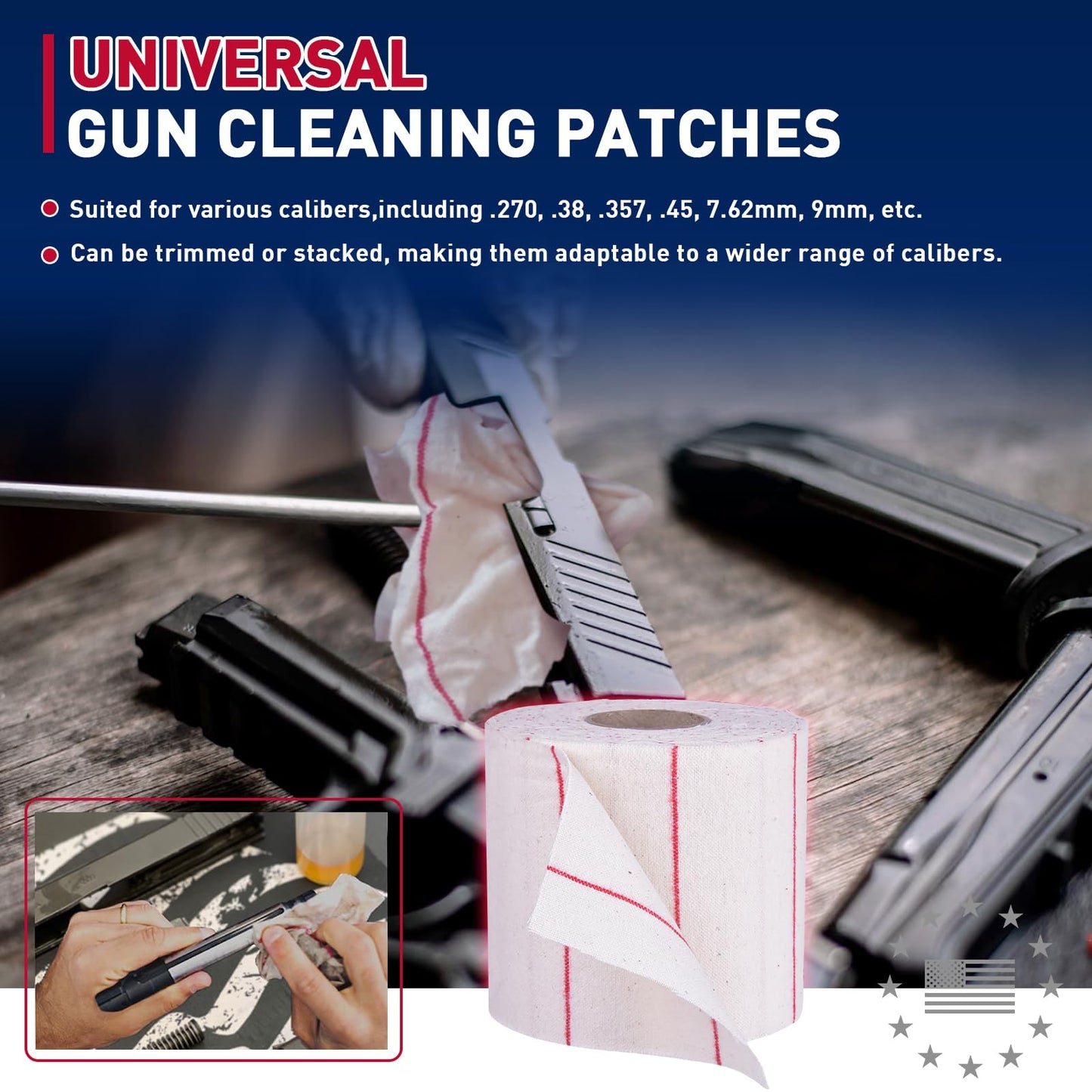 Ironraw Gun Cleaning Patches Microfiber Cloth, Strong Pure Cotton Cloth 4200Pcs Absorbent Patches, Cut to Size, Clean Rifle Handgun Shotgun Black Powder Pistol Revolver Shooting Hunting 49ft Long Roll