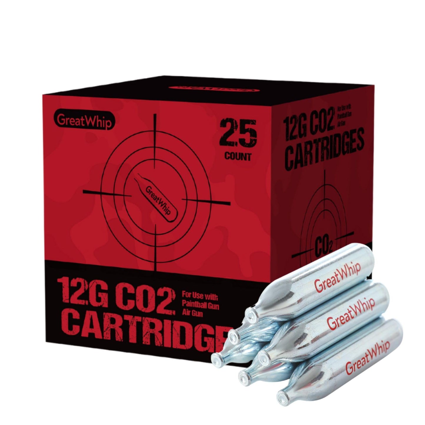 GreatWhip 25 x 12g CO2 Cartridges Non-Threaded Compatible to CO2 BB Gun, Air Gun, Airsoft Gun, Air Pistol, Air Rifle (25 Count)