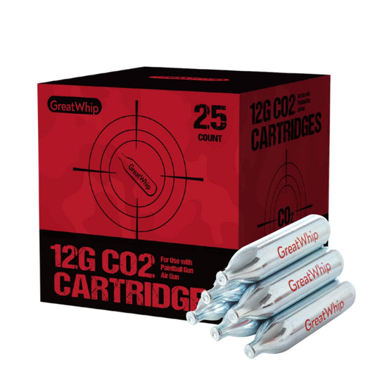 GreatWhip 25 x 12g CO2 Cartridges Non-Threaded Compatible to CO2 BB Gun, Air Gun, Airsoft Gun, Air Pistol, Air Rifle (25 Count)