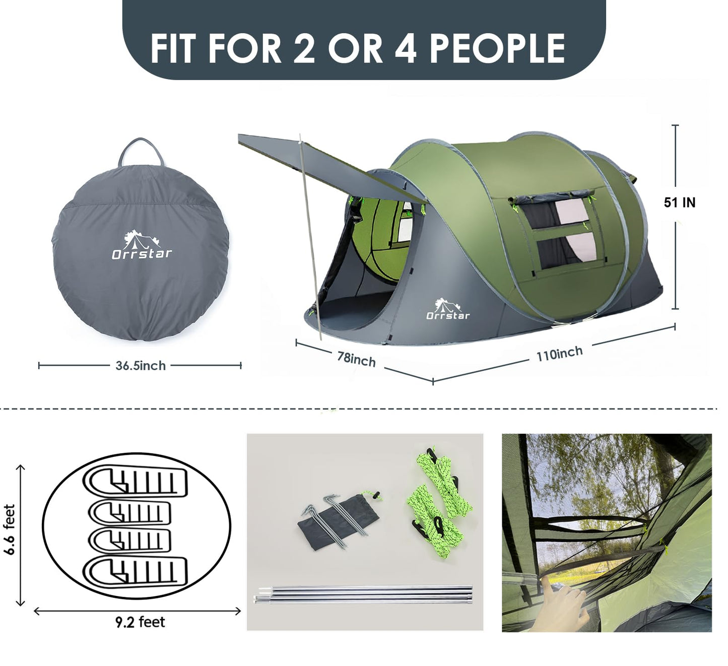 Orrstar Pop Up Tents for Camping 4 Person Waterproof Pop Up Tent Easy Up Setup Camping Tent 4 People 2 Big Doors Instant Tent Family Tent Popup-4P-4Z-Green