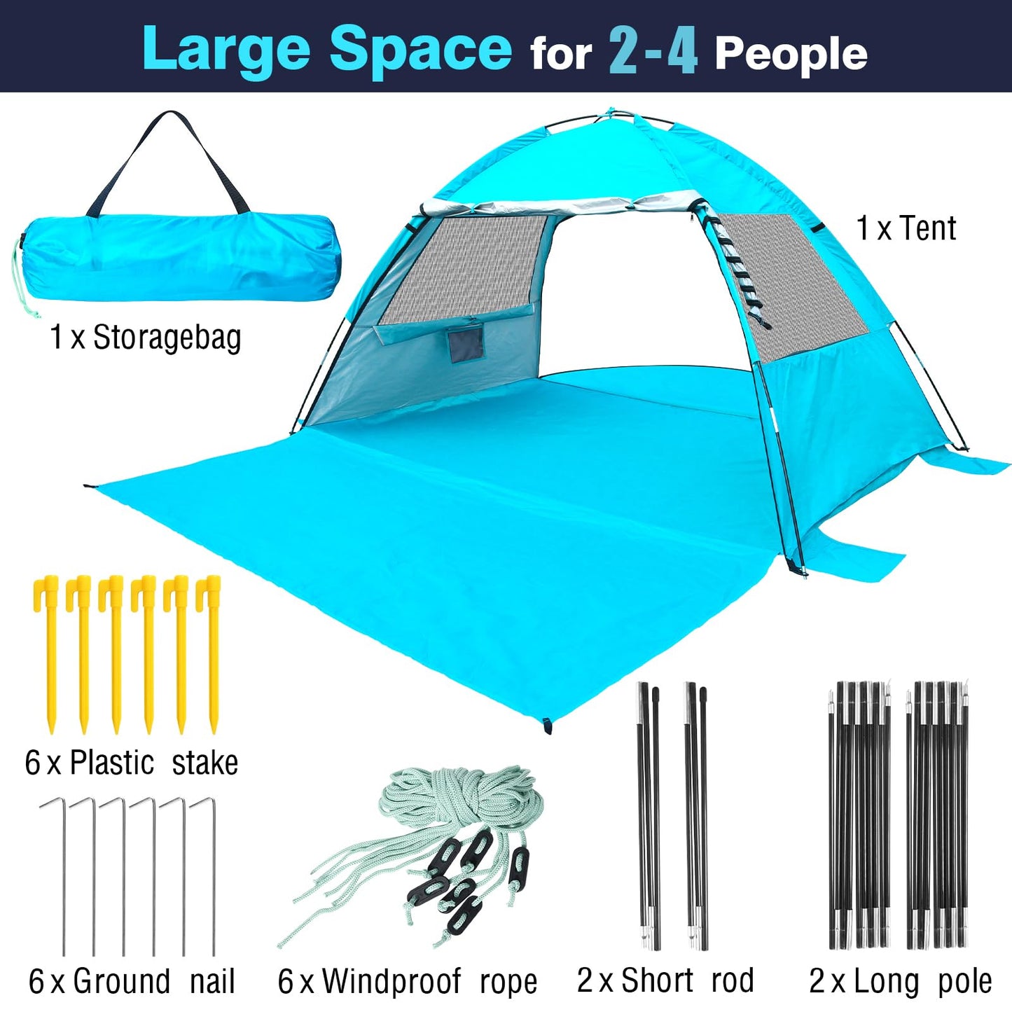DLUCKY Beach Tent for 1/2-3/4 Person,Anti-UV Portable Sun Shade ShelterUPF 50+,Both Sides Extendable Floor,Extendable Awning,with 2 Ventilating Mesh Windows,Lightweight & Easy Setup.