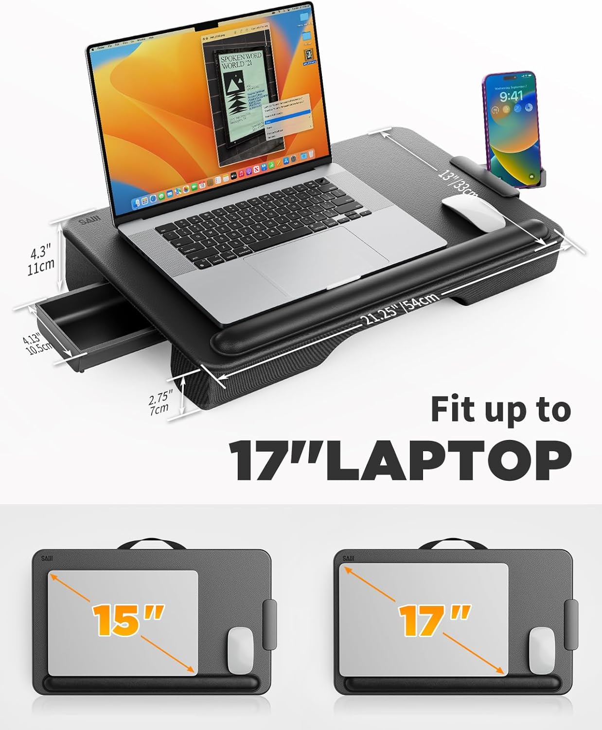SAIJI Laptop Lap Desk, Portable Laptop Desk for Bed - Fits Up to 17" Laptops & MacBook,Lightweight Lap Tray Table with Storage Drawer, Lap Desk with Cushion, Lap Stand for Bed & Couch
