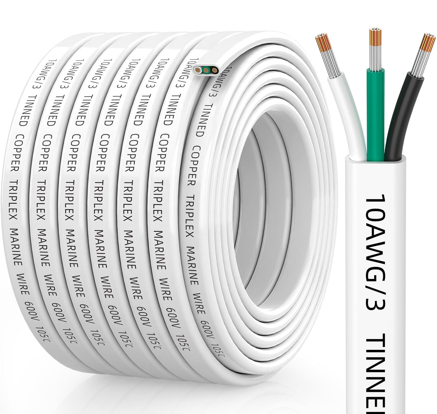 CONEPY 10 Gauge Marine Wire, 10/3 Triplex Marine Grade Cable, IP68 Waterproof/Oxygen-Free Tinned Copper Stranded PVC 10 AWG Wire for Boat, Automotive, RV, Solar, LED Strips (30FT)