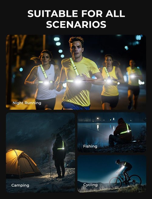 Viccux Running Lights for Runners with Reflective Straps, 500 LM 7 Modes & 45° Adjustable Running Light, IPX4 Waterproof Reflective Vest Safety Light for Night Walking Hiking Cycling, 3.5-20h Use Time
