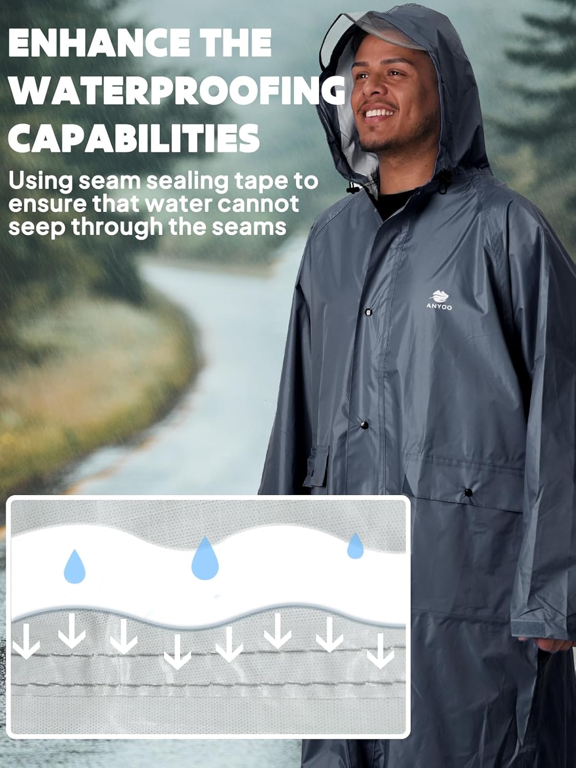 ANYOO Hood Rain Poncho Waterproof Lightweight Raincoat for Men Women Adult with Pocket for Hiking Camping Outdoor Activities