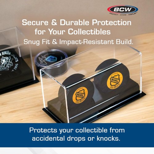 BCW Acrylic Hockey Puck Display Case - 2 Pack | Deluxe Puck Holder with Black Base & Clear Cover | Perfect for Regulation-Sized Hockey Pucks | High Clarity Acrylic