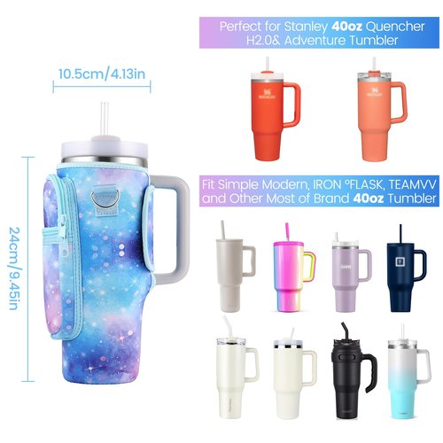 OUTXE Water Bottle Carrier Bag for 40oz Stanley Tumbler with Handle& Simple Modern, Water Bottle Holder with Adjustable Strap& Phone Pocket, Water Cup Pouch for Walking, Travel (Blue Starry Sky)