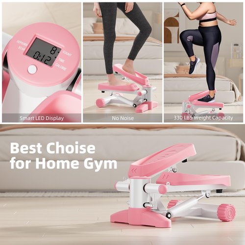 Pink Stair Stepper for Exercises, Portable Mini Steppers with Resistance Band, 330LB Weight Capacity, Non-Slip Mat, LCD Calories Display, Aerobic Fitness Stepper for Home Workout