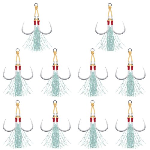 Dr.Fish 10 Pack Double Jigging Assist Hooks Saltwater Replacement Hooks Vertical Jig Lure Mylar Flash Teasers Slow Pitch Fast Fall Diamond Jig Tuna Striper Flounder Mackerel 3/0