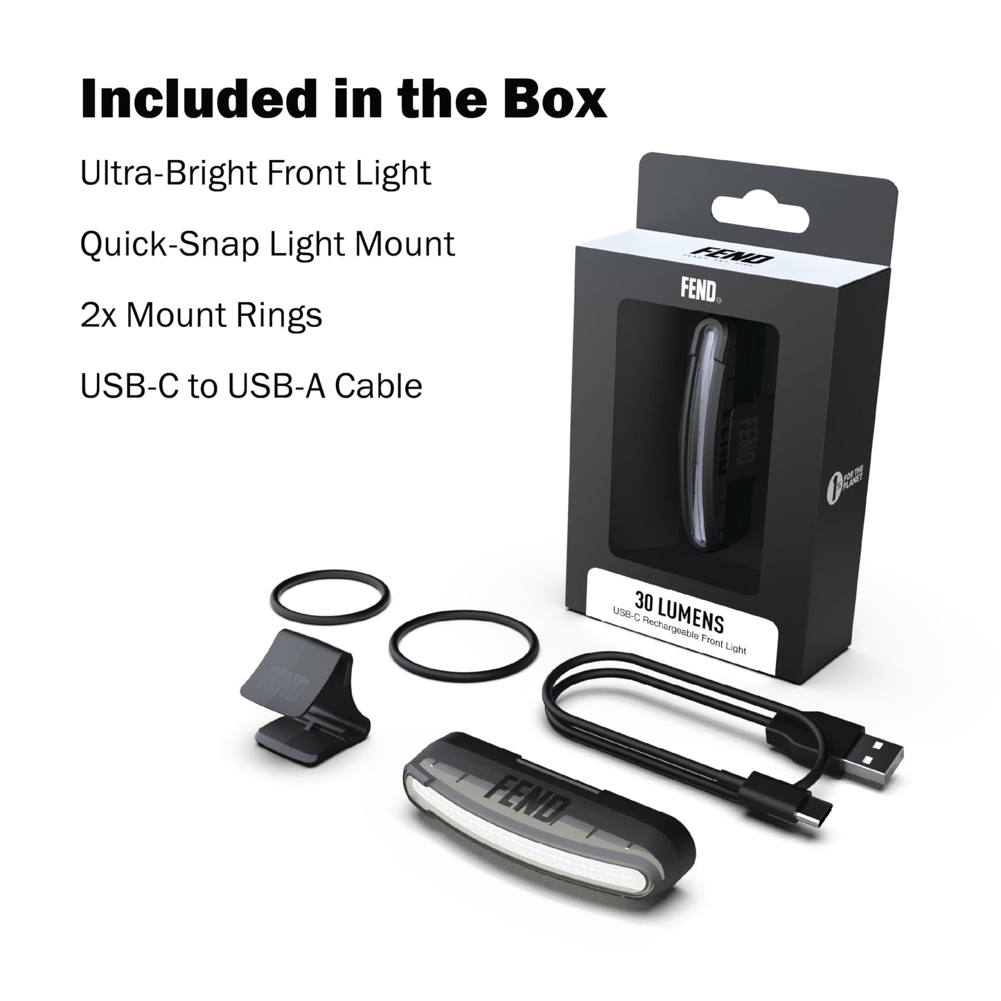 FEND Super Front Bike Light – Ultra-Bright 30 Lumen, USB-C Rechargeable, Waterproof, Solid & Flashing Modes, FEND Super Helmet or Bike Mount Compatible