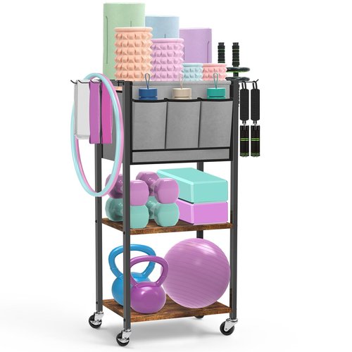 Yoga Mat Storage Rack Home Gym Equipment Yoga Mat Holder for Yoga Mat Dumbbells Kettlebells Foam Roller Yoga Strap Workout Equipment Storage Organizer with Hooks Wheels, Rustic Brown