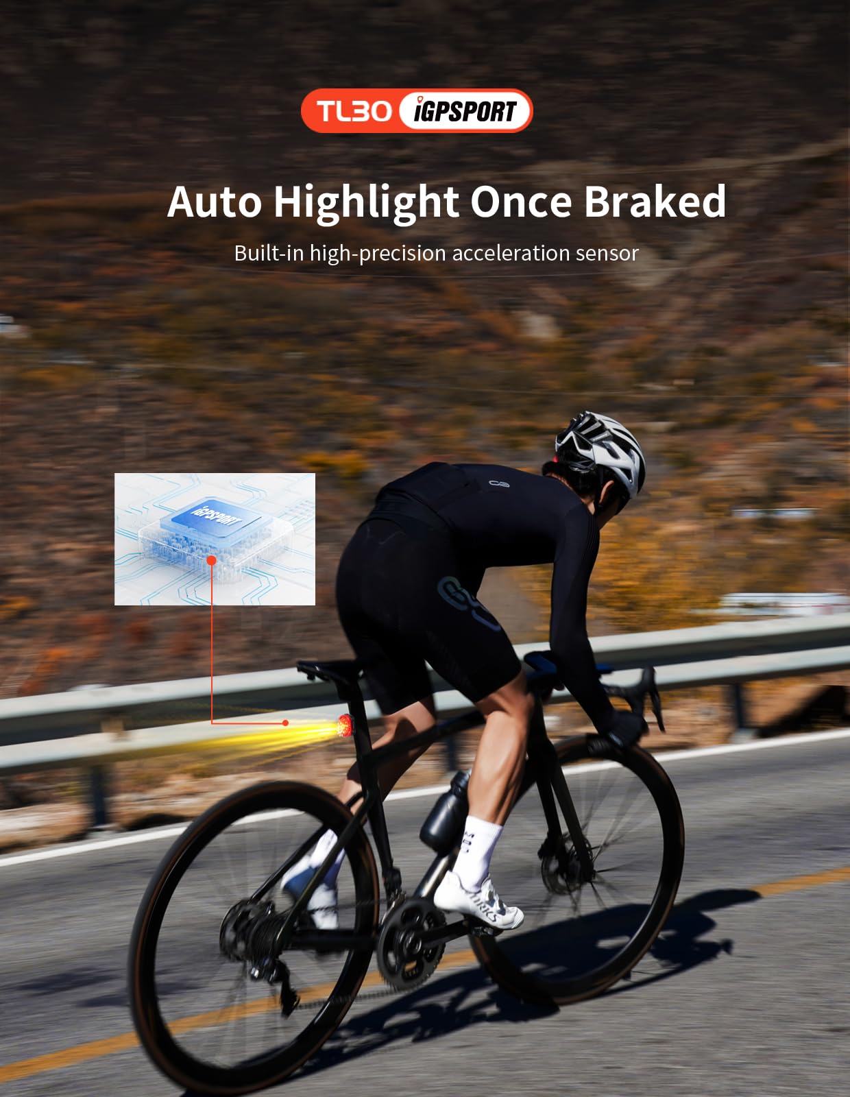 iGPSPORT TL30 Smart Rear Bike Light, Bluetooth 6 Modes Rechargeable 50H Run Time IPX7 Waterproof Bicycle Tail Light