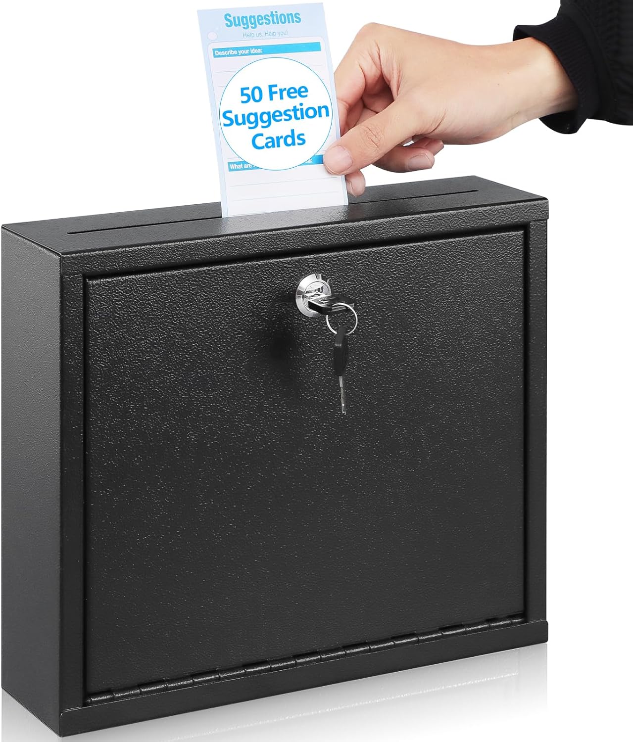 KYODOLED Suggestion Box with Lock and Slot, Small Locking Mailbox for Office, Wall Mount Safe Money/Key Drop Box with 50 Free Suggestion Cards, 9.8" W x 3" D x 7" H, Black