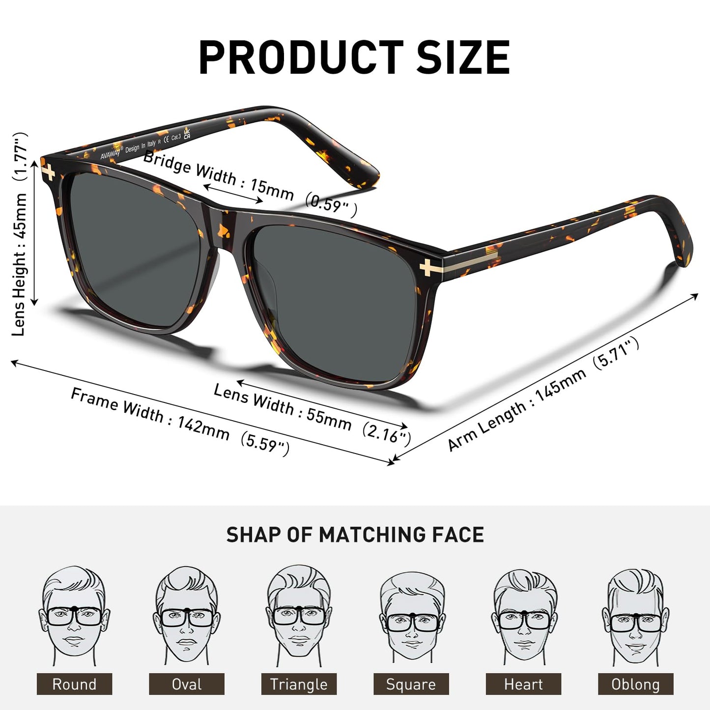 AVAWAY Square Polarized Sunglasses for Men Retro UV400 Protection, Acetate Fashion Driving Eyewears Male Outdoor Sport Glasses