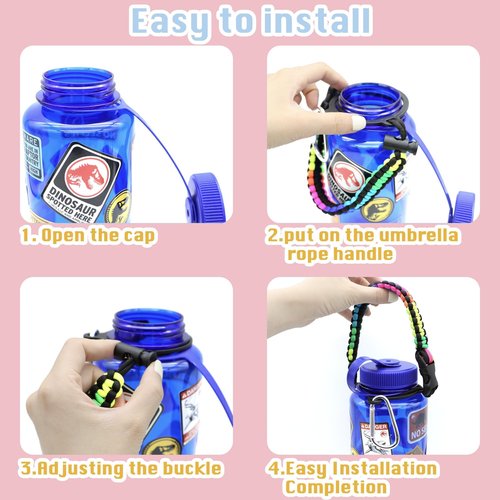 LUTQ 2 Packs Cap Strap for 32oz Wide Mouth Nalgene Bottles - Durable Paracord Strap with Aluminum Alloy Safety Buckle - Handle Compatible with Nalgene - Rainbow