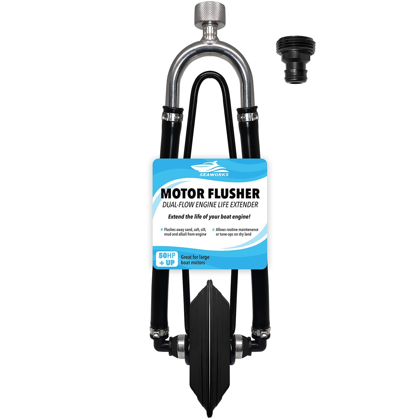 Seaworks Steel Dual Feed Muff Style Heavy Duty Steel Boat Motor Flusher | Use for Antifreeze Winterization or Common Water Flush | 5/8 Inch Standard Garden Hose Connection