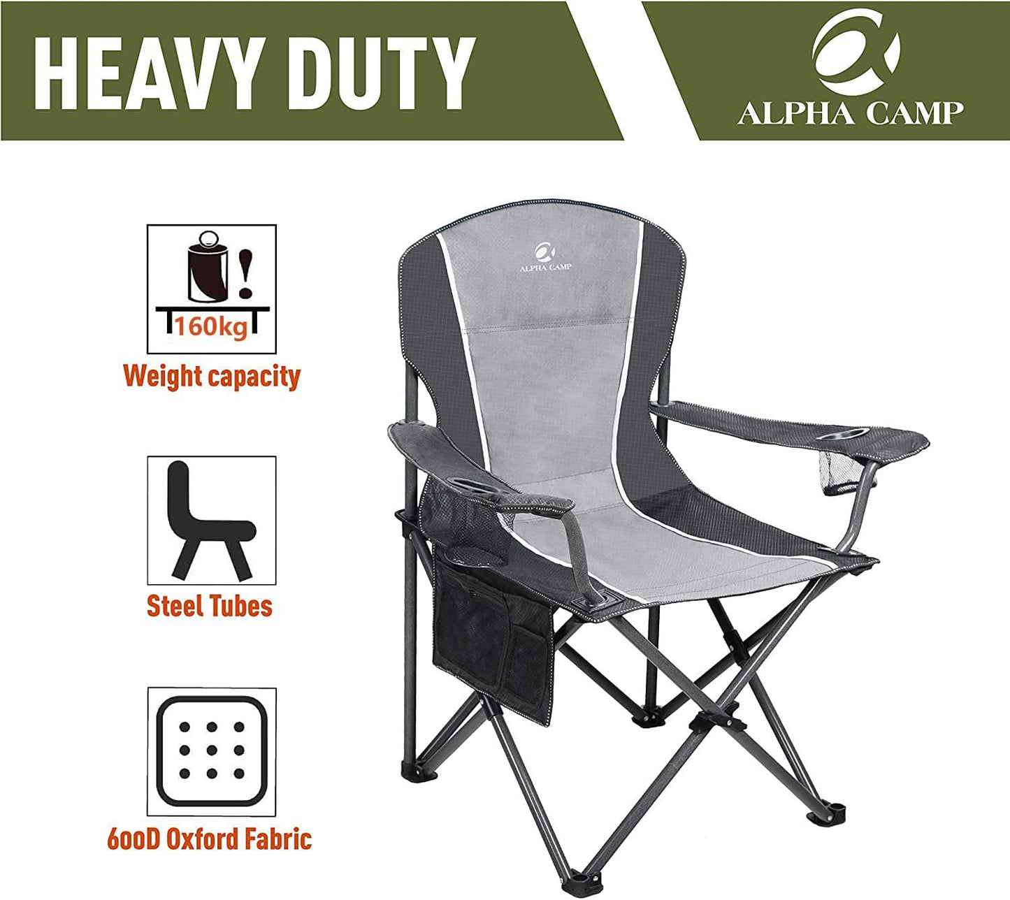 ALPHA CAMP Oversized Camping Folding Chair - Heavy Duty Steel Frame Support 350 LBS, Collapsible Padded Arm With Cup Holder, Quad Lumbar Back, Portable for Outdoor/Indoor
