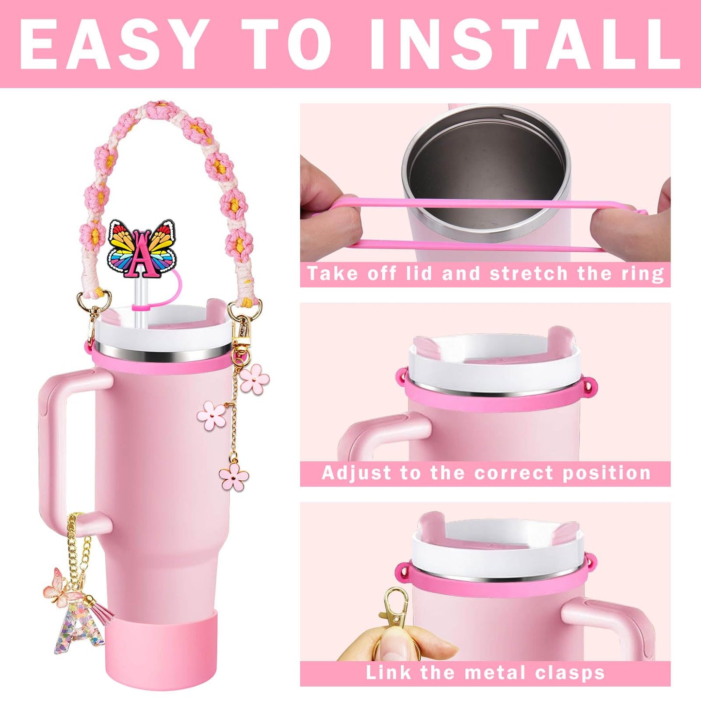 6PCS Cup Accessories Set for Stanley 30oz 40oz, Includes Silicone Initials Straw Cover Cap and Boot, Water Bottle Handle Strap, Rubber Cup Ring, Alphabet Handle Charm, Keychain Charm. (M)