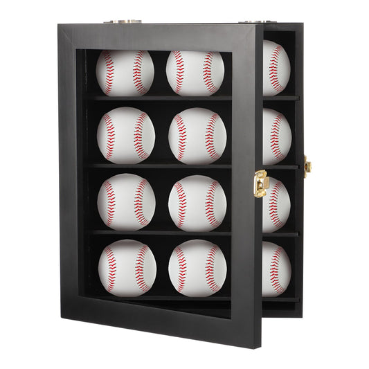 12 Wooden Wall-Mounted Baseball Display Case, Cabinet with Shelf Holder for Home Gym School