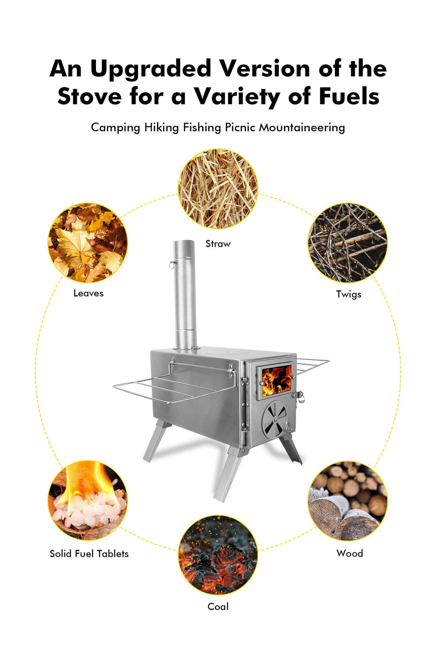 SOPPY Hot Tent Stove for Camping, 304 Stainless Steel Wood Burning Stove with 7 Chimney Pipe, Backpacking Tent Stove for Ice Fishing, Camping, Hunting, Hiking, Silver