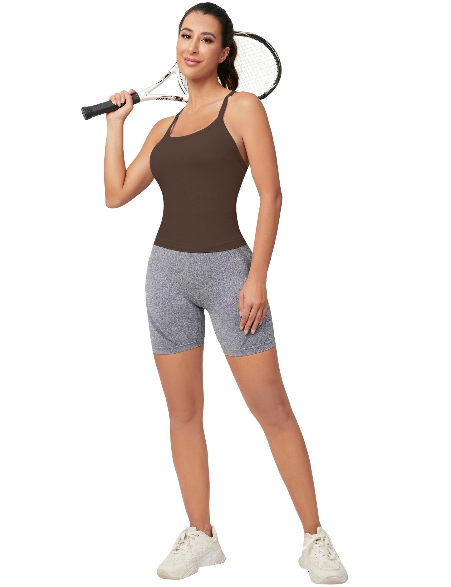 MathCat Workout Tank Tops for Women with Built in Bra, Sleeveless Gym Tops Seamless Racerback Athletic Yoga Shirts Light Coffee