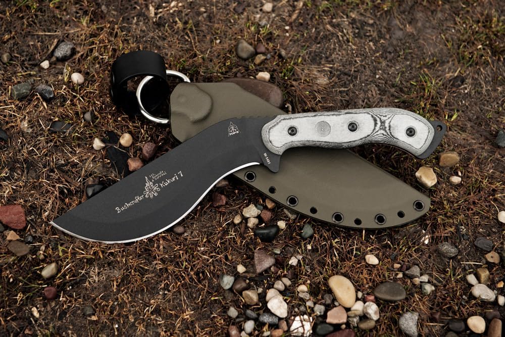 Tops Knives Bushcrafter Kurkri 7.0 Full Tang Fixed Blade- Black Traction Coating Blade Finish- OD Green Kydex Sheath w/Dangler