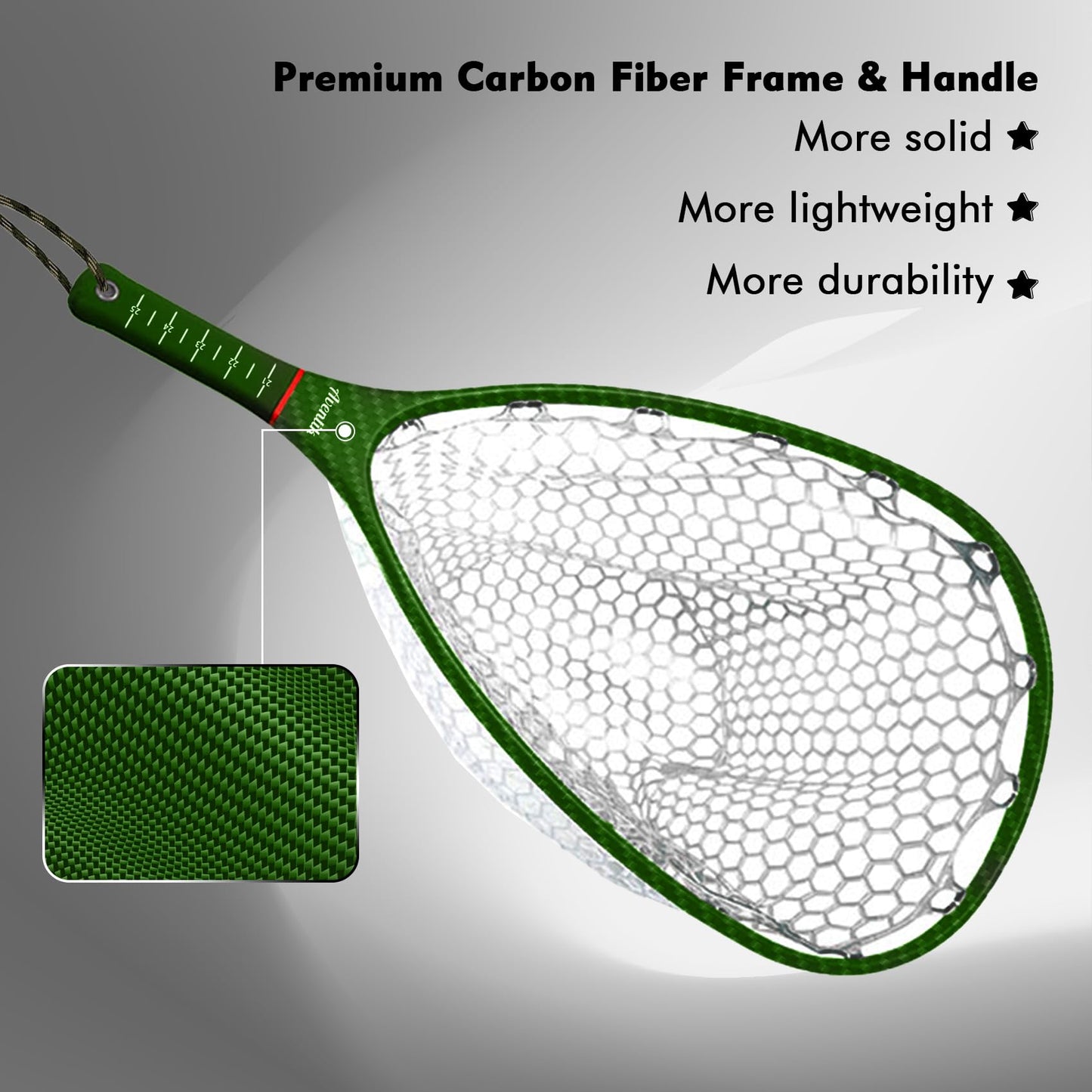 Riverruns Carbon Fiber Landing Net - Fly Floating Fishing Net with Soft Rubber Trout Net and Measuring Lines on The Handle - Lightweight and Durable（Regular Handle/Green/3K）