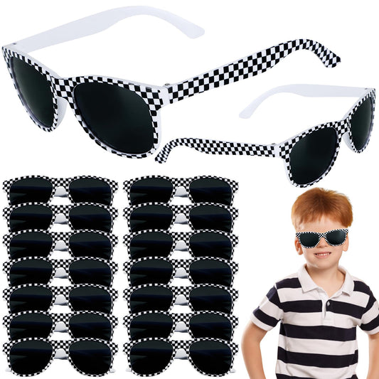 16 Pack Race Car Checkered Sunglasses White Black Frame Checker Sunglasses Bulk for Kids Racing Party Favors Essentials & Gear Up With Hot Car Plastic Glasses for Racing Theme Birthday Party Gifts