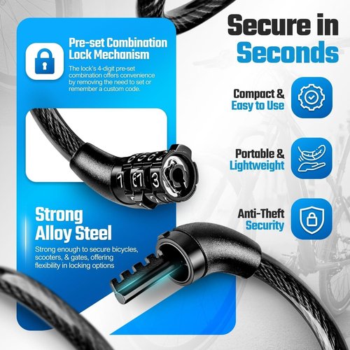 Flexzion Bicycle Lock Cable - 4 Feet, 5/16 Inch (8mm) Diameter Steel Bike Lock Cable, Compact & Easy to Use, with Pre-Set 4 Digit Bike Lock Combination - Security for Bicycles, Scooters, & Gates