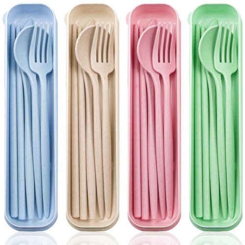 ELANE 4 Sets Reusable Travel Utensils Set with Case,Camping Cutlery Set Reusable Cutlery Set with Case,Utensil Sets for Lunch Picnic Daily Use Outdoor