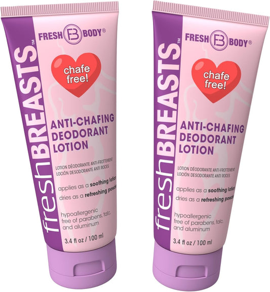 Fresh BREASTS Anti-Chafing Deodorant Cream to Powder for Under Boobs, Inner Thighs - Lotion Made without Talc, Aluminum, Parabens or Added Fragrance - 3.4 Fl Oz (2 Pack)