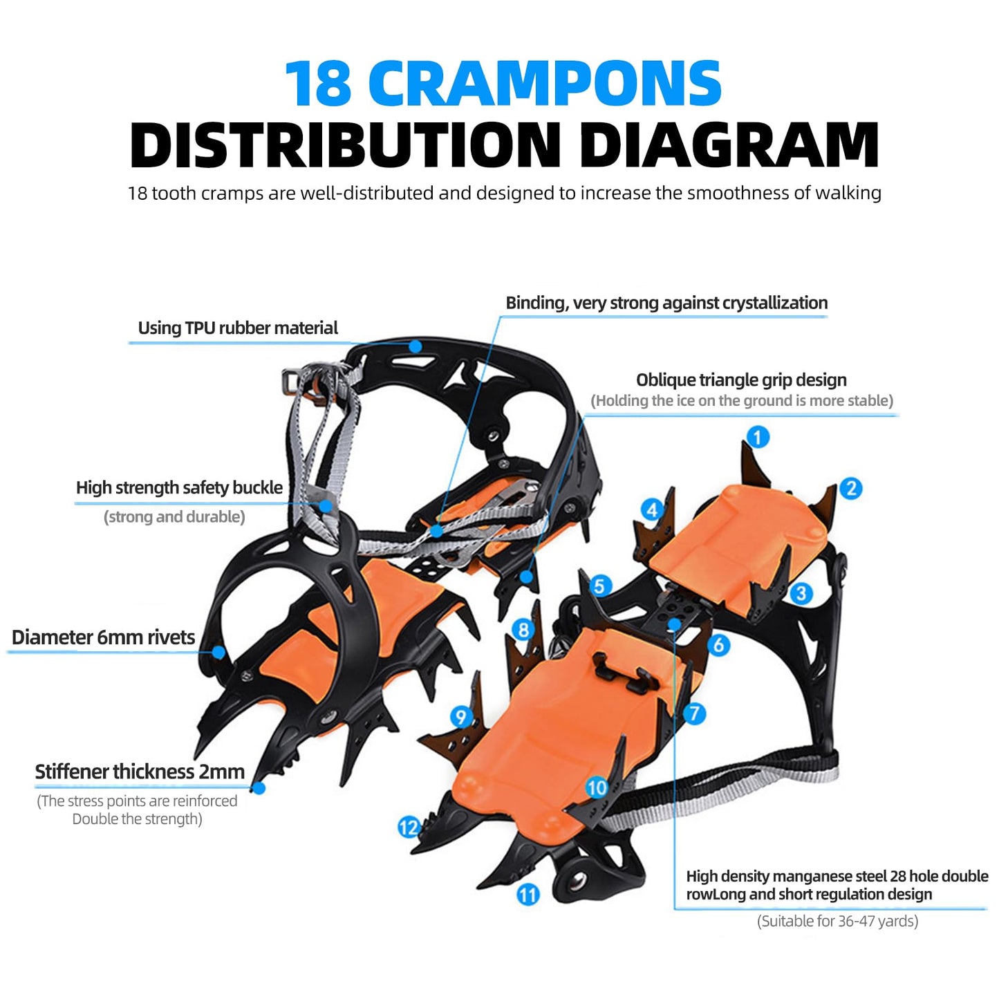 AIROKA Crampons Ice Cleats Traction for Shoes and Boots Non Slip Cleat with Adjustable Straps and 18 Steel Studs Crampons Snow Grips for Boots Shoes for Walking/Climbing Suitable for Men and Women