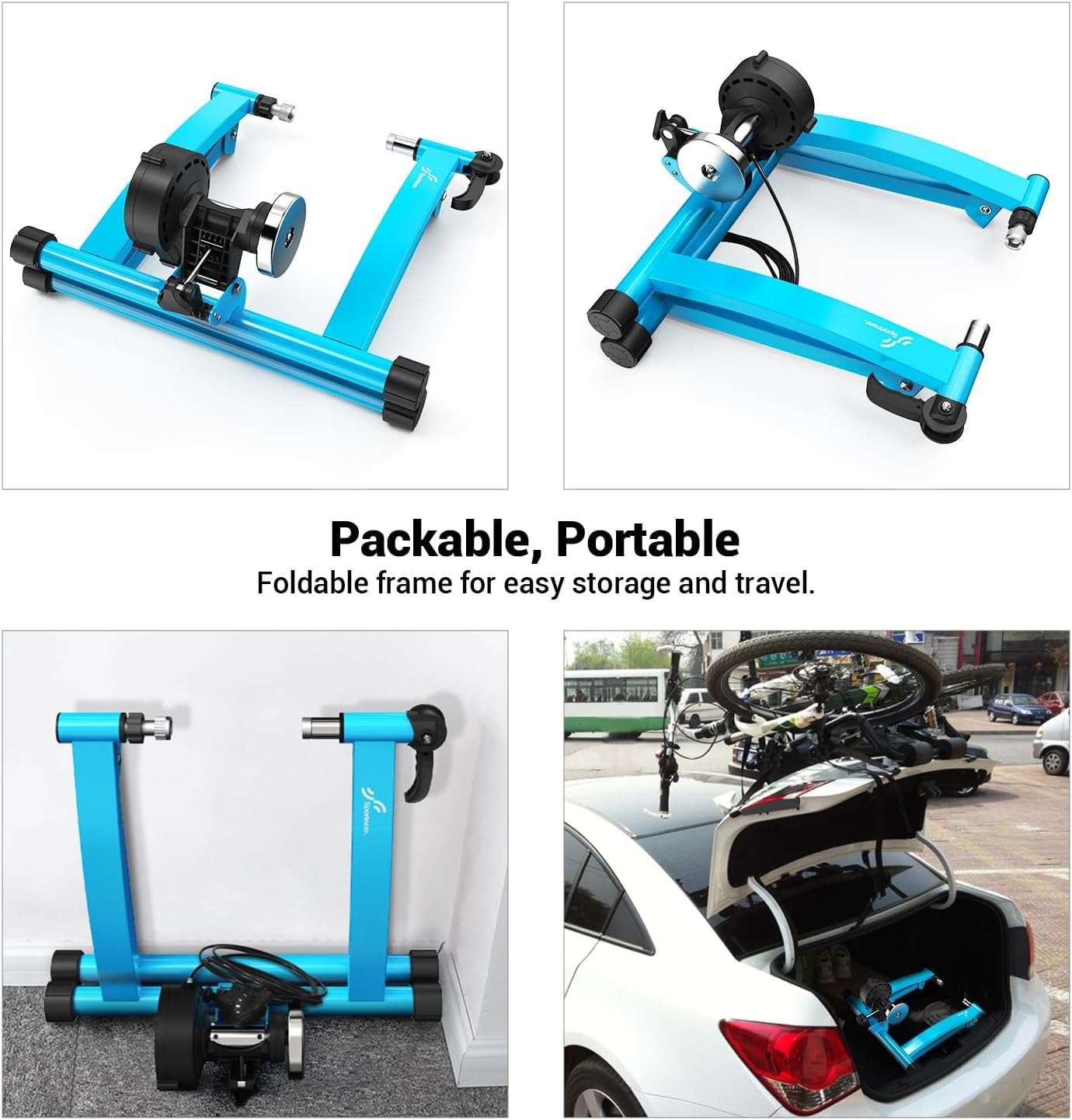 Sportneer Bike Trainer - Magnetic Stationary Bike Stand for 26-28" & 700C Wheels - Adjustable 6 Level Resistance Bike Trainer Stand for Indoor Riding with Quick Release Lever & Front Wheel Riser Block